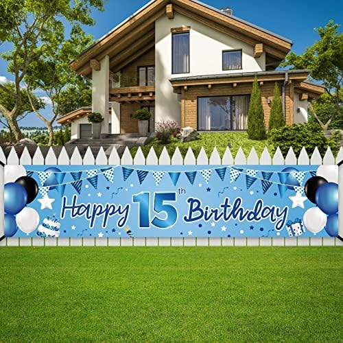 Син 15th Birthday Banner Decorations, Happy 15 Year Old Birthday Party Доставки, Light Navy Blue Fifth Birthday Theme Sign Decor for Outdoor Indoor