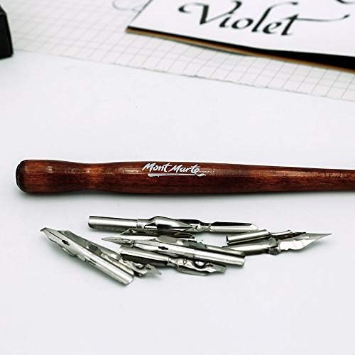 Mont Marte Signature Calligraphy Dip Pen Set, 9 накрайници, Включва дървена дръжка Dip Pen, сменяеми накрайници, Подходяща