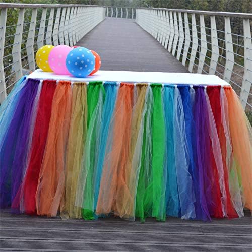 Honeystore Tutu Table Skirt Rainbow Table Skirt for Rectangle or Round Table Skirting Decoration for Bridal Shower Wedding