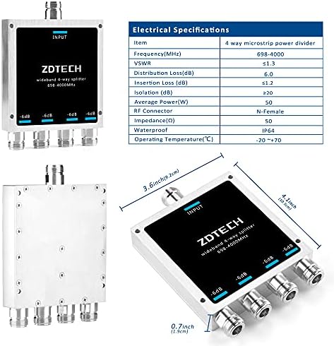 ZDTECH Високоскоростен 4-лентов сплитер с N-женски конектори 50 Ома Сигнал на сплитер за 3G/4G/LTE/5G(698-4000 Mhz)
