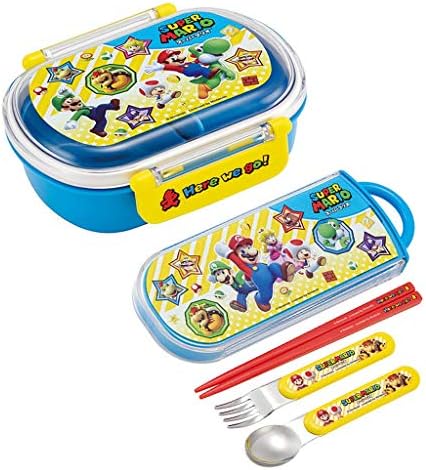 Супер Марио Bento Box for Kids - Набор от японски обяд кутии 12 унции с лъжица, вилица и пръчици за хранене в разтегателен