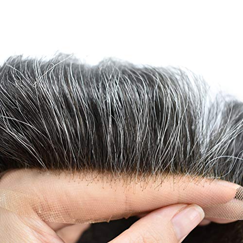 LYRICAL Мъжки HAIR, Hair System Transparent French Дантела Human Hair Thin Skin Мъжки Toupee Brown Gray Black Забавно Men Hair Piece (8*10, #1B40 1Б# OFF BLACK WITH 40% SYNTHETIC GREY-90% Light Density)