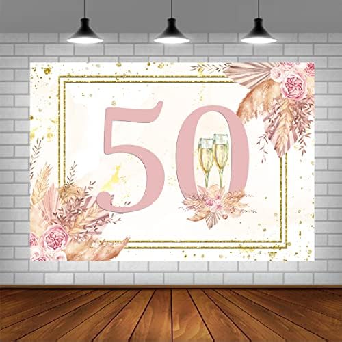 Lofaris Happy 50th Birthday Boho Theme Party Background Pink Blush Бохемска Floral 50th Birthday Background Fifty Years Old Birthday Party Decorations Cake Table Banner 5x3ft