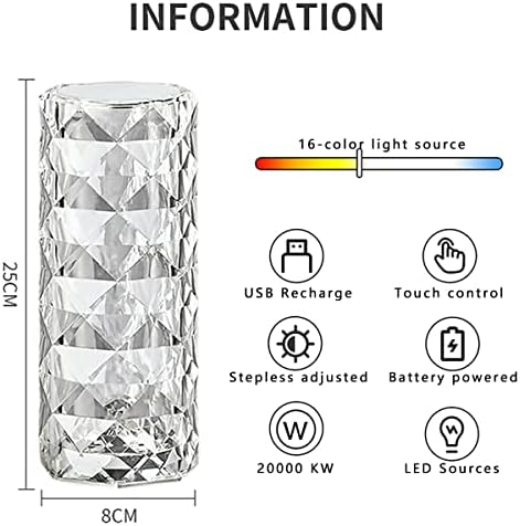 SanerCraft Crystal Diamond Настолна Лампа, 16 Цвята USB Зареждане Сензорна Лампа Нощни лека нощ с Дистанционно Управление,