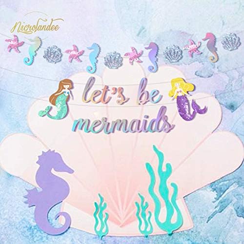 Nicrolandee Glitter Mermaid Banner for Party Supplies - Pre-Assembled Under The Sea Theme Let ' s Be Mermaid Garland with