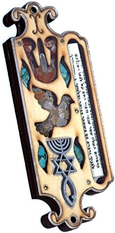 Дървена Мессианская печат Мезуза калъф с Месианската печат - 5-инчов с Преобръщане и иерусалимскими камъни