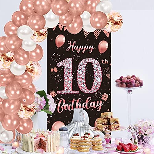 10th Birthday Door Banner & Балон Arch Garland Kit Decorations for Girls, Large 10 Year Old Birthday Party Door Cover Background Доставки, Happy Ten Birthday Poster Sign(Rose Gold)