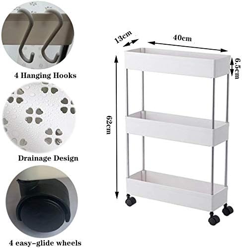 Petiy Beauty 3 Tier Slim Storage Cart, Mobile Shelving Unit Organizer, Slide-Out Движимо Storage, Ролинг Utility Cart Tower Rack with Handle for Office, Kitchen, Bathroom Laundry Narrow Places, White