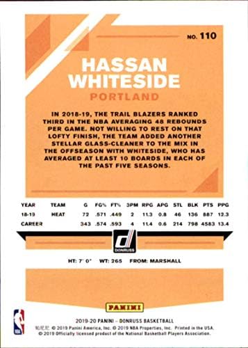 2019-20 Donruss Баскетбол 110 Hassan Whiteside Portland Trail Blazers NBA Official Trading Card (by Панини America)