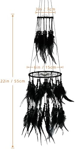 Alynsehom Dream Catcher Black Feather Light Up LED Star Фея String Светлини Double Circle Dreamcatcher Wedding Wall Hanging