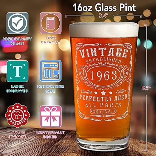 59th Birthday Perfectly Aged 59 Years Old Established 1963 Vintage Laser Graved 16 oz Beer Pint Drinking Glasses for Men