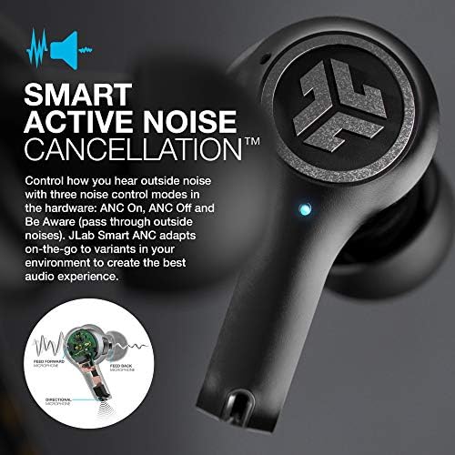 JLab Epic Air ANC True Wireless Bluetooth 5 Слушалки | Активно намаляване на шума | IP55 Sweatproof | 12-часов живот на батерията, 36-часов кабел за зареждане калъф | Режим на филма с ниска латентн
