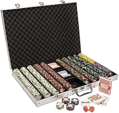 Monaco Club Poker Chip Set - 1000 Heavyweight (13,5 грама) на Глинени Комбинирани Чипове, карти за Игра, Бутона на дилъра и Алуминиев корпус - Професионални аксесоари за казино, Комплекти,