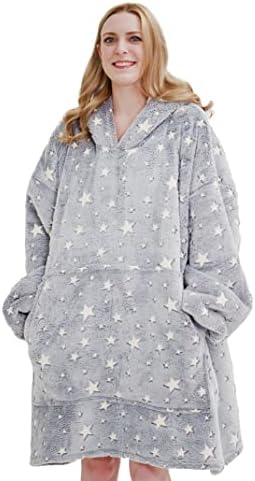 U&O Oversize Glow in Dark Носен hoody Sherpa Blanket с качулка, джоб и ръкави Luminous Hoodie Blanket (сив)