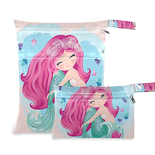 xigua 2PCS Mermaid Wet Dry Bag for Cloth Diaper Waterproof Swimsuits Bag with Handle Wristlet for Travel Beach Pouch