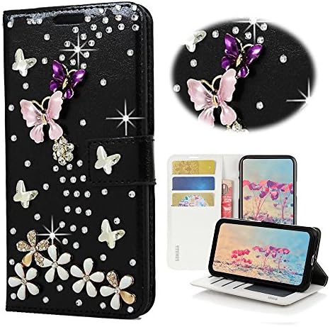 STENES Bling Case for Huawei Капитан 20 - Stylish - 3D Собственоръчно Crystal S-Link Butterfly Floral Magnetic Портфейла Credit Card Slots Fold Stand Leather Cover for Huawei Капитан 20 (6.5) - Черен