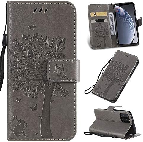 Ogmuk Fashion Premium Gray Emboss Tree Cat Butterfly Flowers Strap Case for Girly Women Stand Стара Stylish Credit Card Slot Cash ПУ Leather Flip Портфейла Case for Galaxy Note 10 Lite/A81/M60S