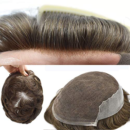 LYRICAL Мъжки HAIR, Hair System Transparent French Дантела Human Hair Thin Skin Мъжки Toupee Brown Gray Black Забавно Men Hair Piece (8*10, 3# Тъмно кафяви- от светлината до средна плътност)