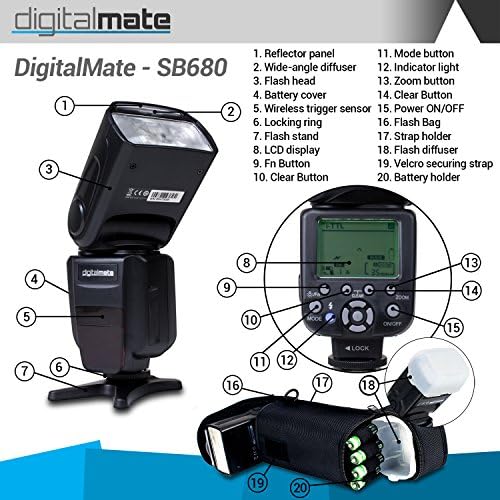 DigitalMate DM680N E-TTL SpeedLight 18-180 мм Мощност на Мащабиране Светкавица, Отскок, Отточна тръба на шарнирна връзка, LCD Дисплей и калъф Nikon D7500 D7200 D7100 D500 D5600 D5500 D5300 D5200 D3400 D3300 D610 D750 D810