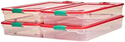 HOMZ 60 Quart Underbed Колела, Капак Latches, Set of 4 Plastic Holiday Storage Container, Red, Green and Clear, 4 Pack