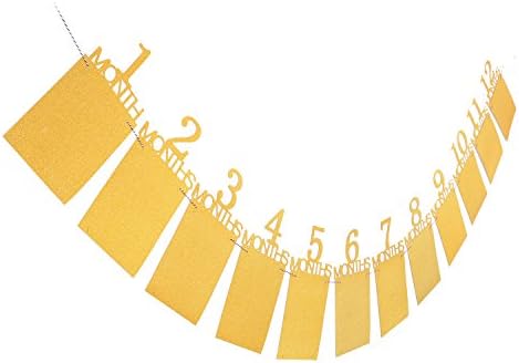 Qibote 1st Birthday Bunting Garland Baby Photo Banner Baby 1-12 Month Gold Glitter Photo Prop Party Bunting Decoration