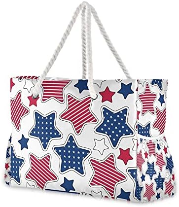 Плажна Чанта American Stars And Stripes Large Tote Pool Bag Zipper Sandproof Cotton Въжето Handles Странични Джобове За