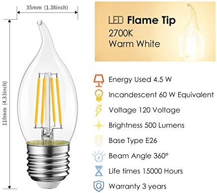 Пламъците Съвет led лампи с нажежаема жичка и Свещници E26 База，LVWIT затъмняване 4.5 W (еквивалент на 60 W) B11 Полилей,