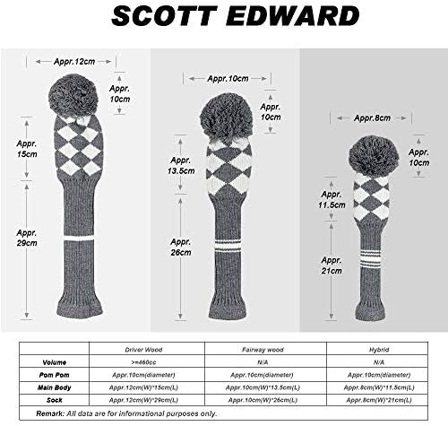 Scott Edward Knit Wood Golf Covers 4 Pieces Собственоръчно Knitted Item Fit Over Well Driver Wood(460cc) Fairway Wood2 and Hybrid(UT)