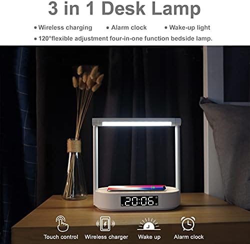 Нощна лампа QI 10W Max Безжична зареждане ,Светодиодна Настолна лампа с часовник с аларма, Сензорно управление 3 Нюанси на светлина, Осветлението се Върти и е настроен н