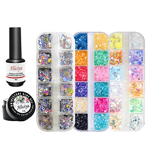 Aliciya 3D Nail Art Decoration Комплекти with Нокти Strengthener Are Gel Polish, Нокти Builder Gel and 36 Butterfly Marble Decors за Нокти Nail Flakes, Нокти на Кристал, Holographic Glitter Nail