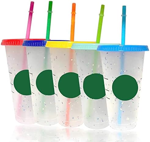 MAOMEI 5Pcs 710ML Слама чаша с Логото на с капак за Многократна употреба чаша Промяна на цвят Пластмасова чаша Кафе, чаша Пластмасова чаша с Матово покритие Чаша(B(5pcs))
