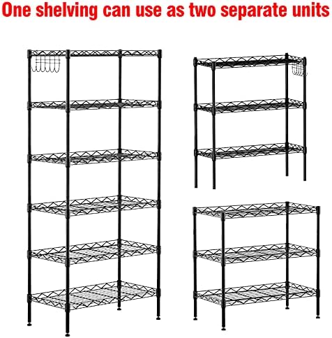 6-Shelving Shelving Storage Unit ,Heavy Duty Metal Organizer Тел Rack with Leveling Feet , Stainless Side Hooks for Bathroom
