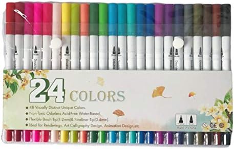 QIUYUAN Dual Brush Tip Marker Pens Съвет Markers & Brush Маркери Coloring Pen for Adults Coloring Note Taking Writing Drawing Planning Art Project 12/24/36 Цветове (24 цвята)
