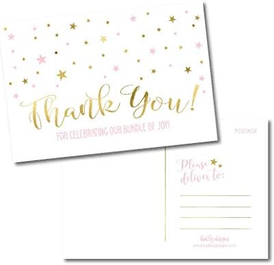 25 Момиче Baby Shower Thank You Note Card Bulk Set, Blank Pink and Gold Сладко Modern Sprinkle Postcards, Envelope No