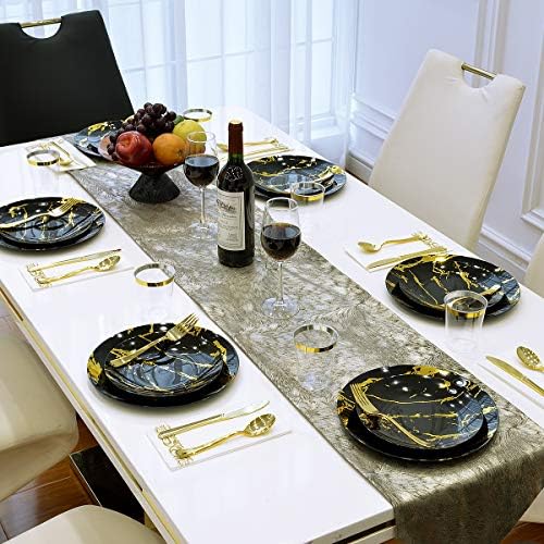 vplus 175PCS Gold Marbling Plastic Dinnerware, Хелоуин за Еднократна употреба Комплекти, включва 25 места за хранене чинии,25