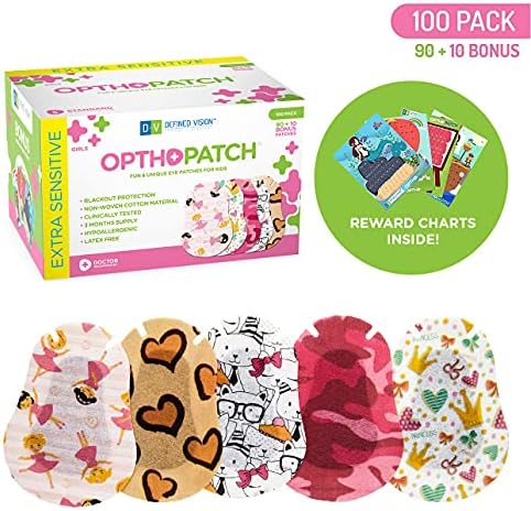 Opthopatch Kids Eye Patches - Забавни Момичета Design - 90 + 10 Бонус Латекс Хипоалергенни Памучни Лепило Чалми за амблиопия