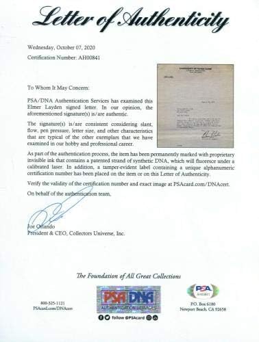 Elmer Лайден подписано писмо с автограф TLS Four Horsemen of Notre Dame PSA/DNA - College Cut Signatures